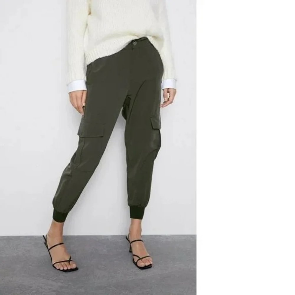 ZARA Women's Olive Green High-Waist Pull On Flowy Cargo Jogger Pants Size Large